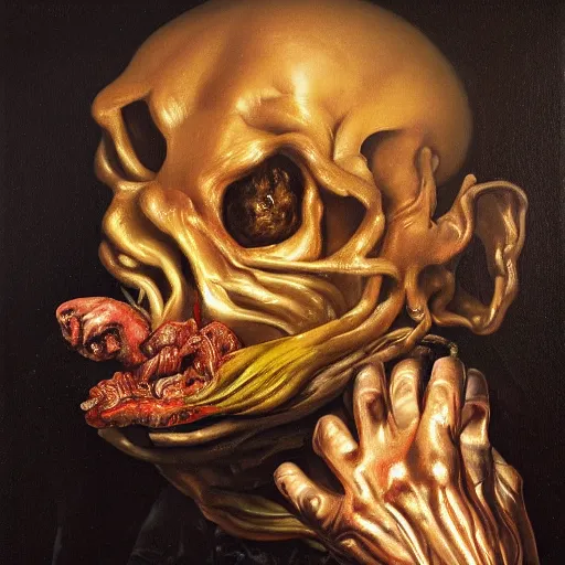 Image similar to refined gorgeous blended oil painting with black background by christian rex van minnen rachel ruysch dali todd schorr of a chiaroscuro portrait of an extremely bizarre disturbing mutated man with shiny skin acne dutch golden age vanitas intense chiaroscuro cast shadows obscuring features dramatic lighting perfect composition masterpiece