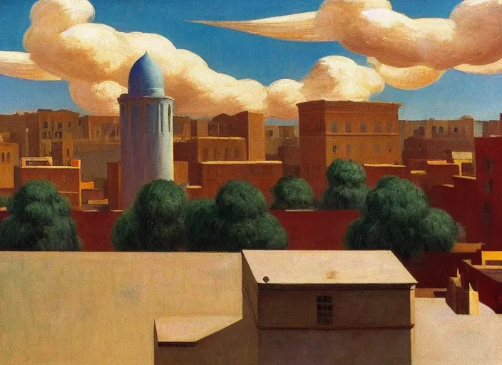 Image similar to old baghdad, clouds, bird, open ceiling, strange foreign objects, oil painting by edward hopper, chirico and rene magritte