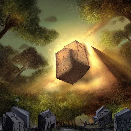 Prompt: a massive transcendent cube golem, attacking a small village in a forest clearing, digital art, detailed, dark fantasy