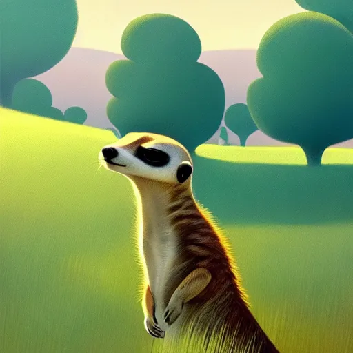 Image similar to goro fujita ilustration a meerkat in profile looking over the meadow, on a sunny day by goro fujita, painting by goro fujita, sharp focus, highly detailed, artstation