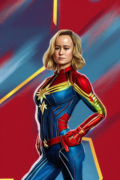 Prompt: full body portrait of a gorgeous petite Brie Larson wearing a micro bikini with a Captain Marvel pattern, hyper realistic, illustration, trending on artstation, HD, 4k, 8k, intricate detailed anatomy, character design, by james gurney
