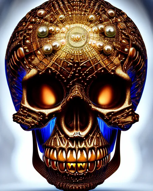 Prompt: very detailed portrait of skull with pearl sphere gold glowing eyes + melting face skin + 4 k hyper details render + by alex grey + fractal mundelbulb intricate design + dramatic lighting + cinematography photography