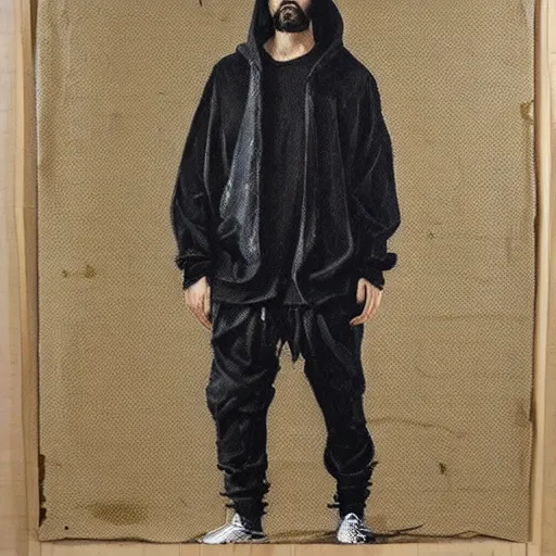 Prompt: a full body portrait of modern day jesus wearing jerry lorenzo streetwear hoodie and pants by nicola samori, oil painting, smudges, realistic, 8 k, adidas sneakers style