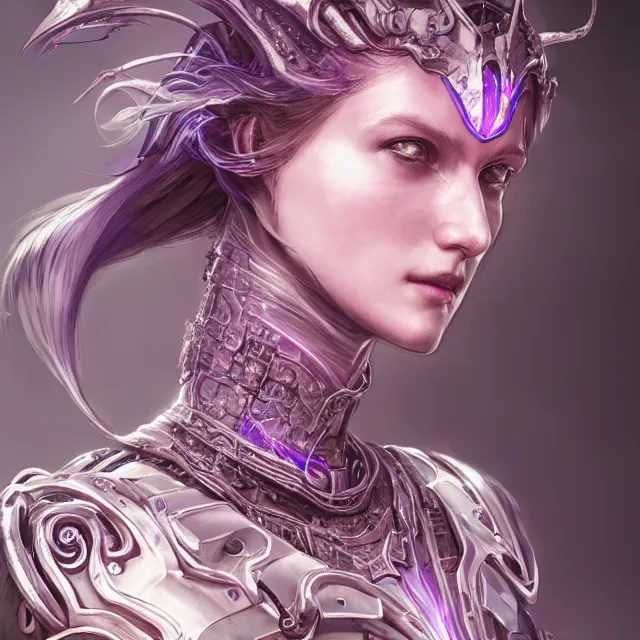 Image similar to facial portrait of a pale woman in sci - fi armor with a flowing purple, elegant, stoic, intense, ultrafine hyperdetailed illustration by kim jung gi, irakli nadar, intricate linework, sharp focus, bright colors, octopath traveler, final fantasy, hearthstone, highly rendered, global illumination, radiant light, detailed, intricate environment