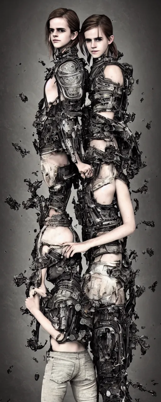 Image similar to Emma Watson fractal armour twinned conjoined sisters action poses dishevelled photorealistic portrait grimy sweating wet face dirty t-shirt and torn jeans in broken biomechanical fractal armour abandoned exploding sci-fi gas station, dark and dim atmospheric smog trending on artstation 8k matte painting, dramatic lighting, dramatic shadows professional photograph by Irving Penn Abumi zuri no kawa Agemaki Agemaki no kan Ago no o benri Aibiki Aida kanamono Aka Akoda nari bachi Art ASA Asa no ha gusari Ase nagashi no ana B Bachi Bishamon gote Boko no ita Bitsu Bugyo Byo Byo gashira Byo toji yokohagi okegawa dō C Choban Chochin kabuto Chokin Chotsugai Chotsugai Kugi D Daku Akuma Daisha Guchi Daimyō Dangaye Dō Dō Dō Maru E Eboshi Eboshi Nari Bachi Edo Egawa Emi men Etchu bo Etchu haidate Etchu jikoro Etchu suneate Etchu zunari bachi F Fukigaeshi Fukube Fukurin Fuse Gumi Fusube Gawa G Gashira Gattari Gendai Gessan Gessan Jikoro Go-Mai Dō Goshozan Gumbai Gunsen Guru-wa Gusoku Gusoku bitsu Gyoyo H Hachi Hachigane Hachiman za Himo Hachi tsuke no ita Haidate Haku hatsu men Hana Hanagami bukuro Hanbo Happuri Haraidate dai Haramaki Harikake Harikake bachi Hatomune dō Heichozan Hige Hiji gane Hineno jikoro Hineno zunari bachi Hiro sode Hishi nui Hishi nui no ita Hishi nui dō Hishi toji Hishi toji dō Hishi toji hotoke dō Hitai ate Hitsu Hoate Hodo haidate Hon iyo zane Hon kozane Hoshi Hoshi bachi Hotoke dō I Ichi no tare Igaki