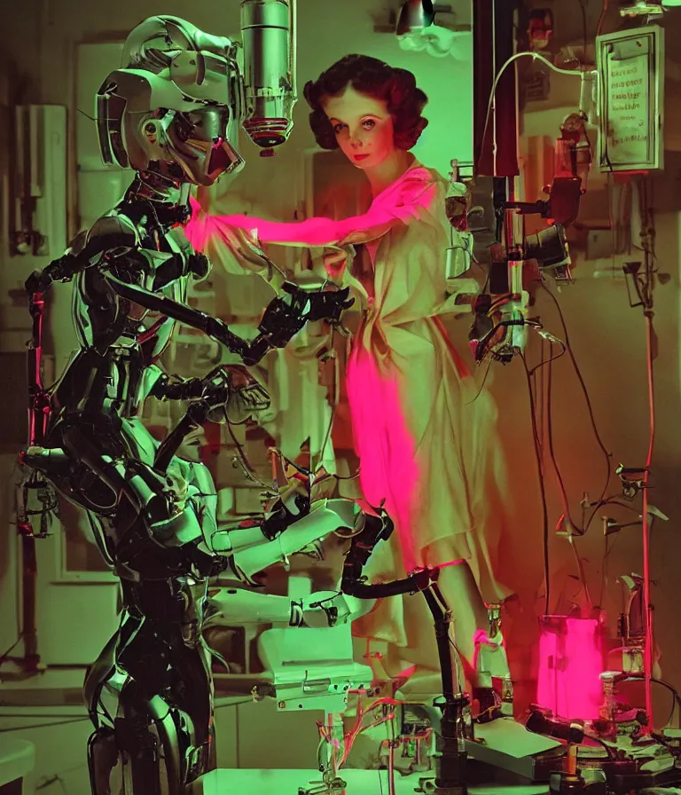 Image similar to a female mad scientist building a humanoid robot, in a darkly lit laboratory room, 1 9 5 0 s horror movie poster style, norman rockwell painting, close - up shot, retro science fiction, vintage, saturated pink and green lighting, shadowy lighting, cohesive