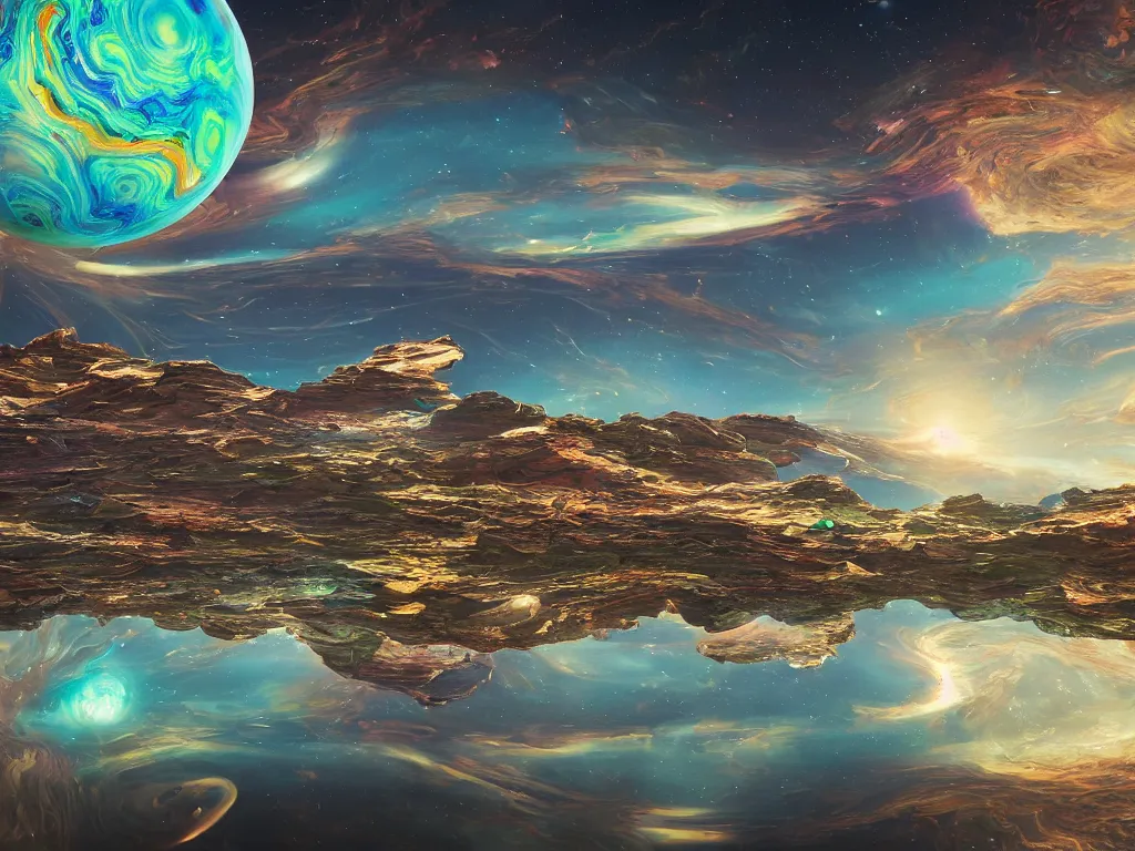 Image similar to dream of an intricate jupiter landscape with dichroic transparent colorful sphere levitating ior painting photography ultra realism full landscape polaroid photography syd mead style + insane detail + denoise + 8 k hyper realistic + octane render