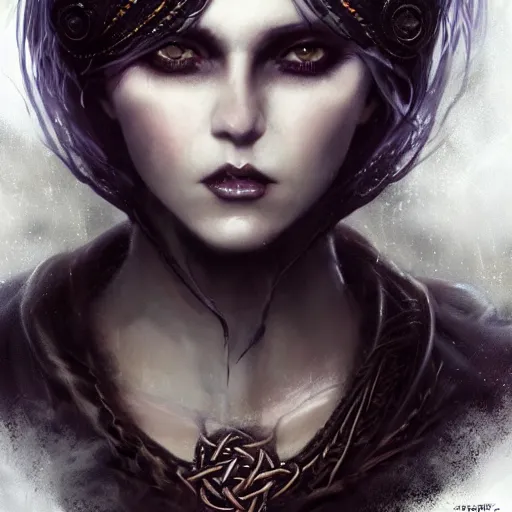 Image similar to kerli koiv, celtic witch, darkwave, darksynth headshot character portrait, sharp, digital matte painting, art by luis royo, greg rutkowski, wlop, dramatic lighting, trending on artstation