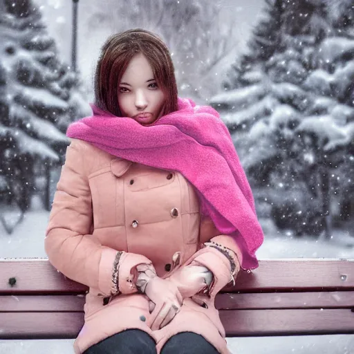 Image similar to highly detailed and intricate wlop artwork of a beautiful woman wearing warm winter clothes and a pink scarf sitting on a park bench in the fall, volumetric lighting, extremely complex, trending on artstation, featured on behance, 4 k, 8 k, 1 6 k