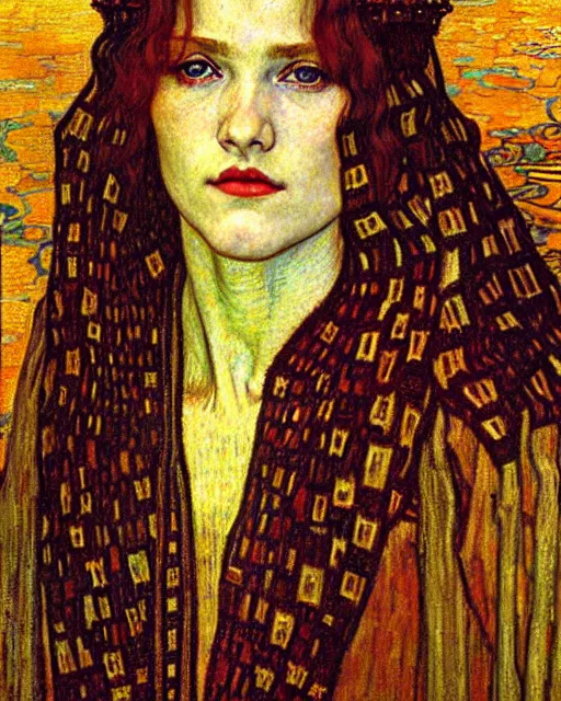 Image similar to detailed realistic beautiful young medieval queen face portrait by jean delville, gustav klimt and vincent van gogh, art nouveau, symbolist, visionary, gothic, pre - raphaelite, muted earthy colors, desaturated