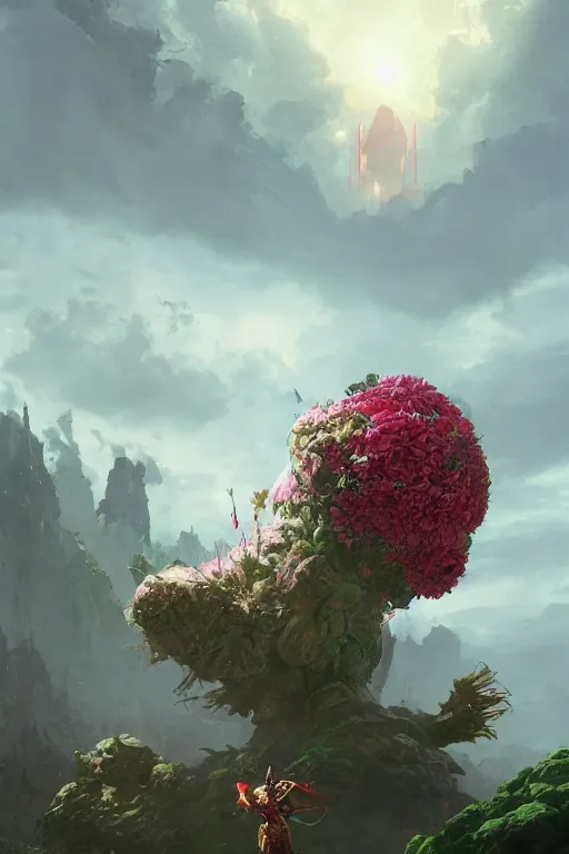 Image similar to a fancy portrait of a giant flower guarded by a worrier by Greg Rutkowski, Sung Choi, Mitchell Mohrhauser, Maciej Kuciara, Johnson Ting, Maxim Verehin, Peter Konig, final fantasy, Marco lense , 8k photorealistic, cinematic lighting, HD, high details, atmospheric , trending on artstation