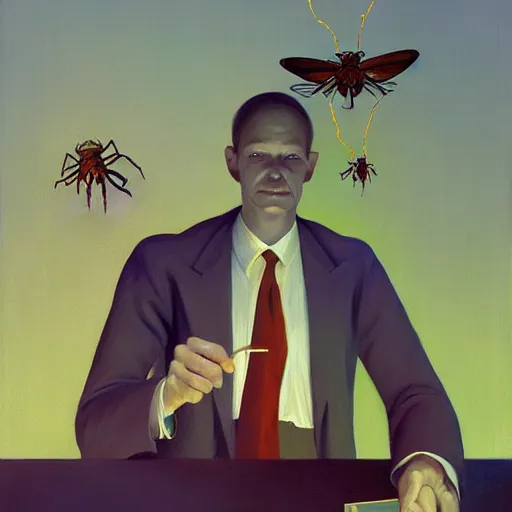 Image similar to Portrait of a man wearing a business suit with an insect head, very coherent, painted by Edward Hopper, Wayne Barlowe, painted by James Gilleard, airbrush, art by JamesJean