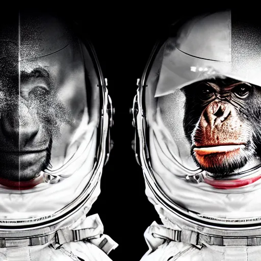 Image similar to double exposure portrait split in the middle of a astronaut and one chimpanzee in a suit posing with space in the background, pencil sketch, dynamic lighting of stars, sharpness, golden ratio