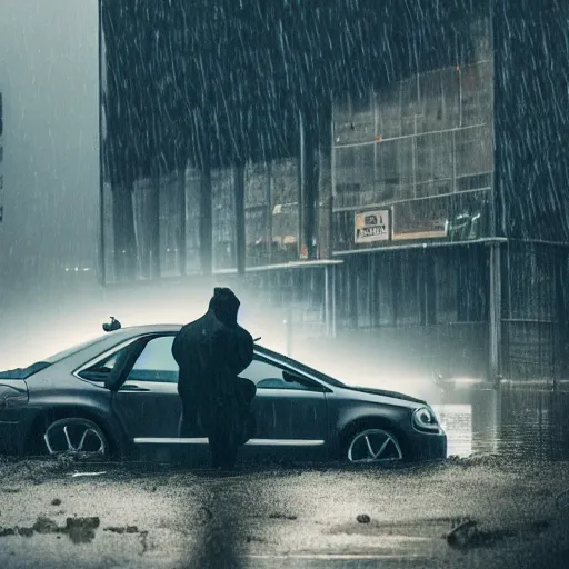 Prompt: a photo of heavy rain on a man sitting on a car in a sunken city, outdoor lighting, dynamic lighting, volumetric, wide angle, anamorphic lens, go pro, 4k