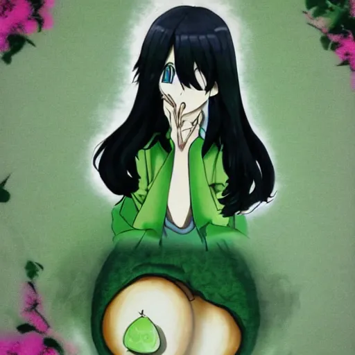 Image similar to tomoko kuroki dressed as an avocado anime art