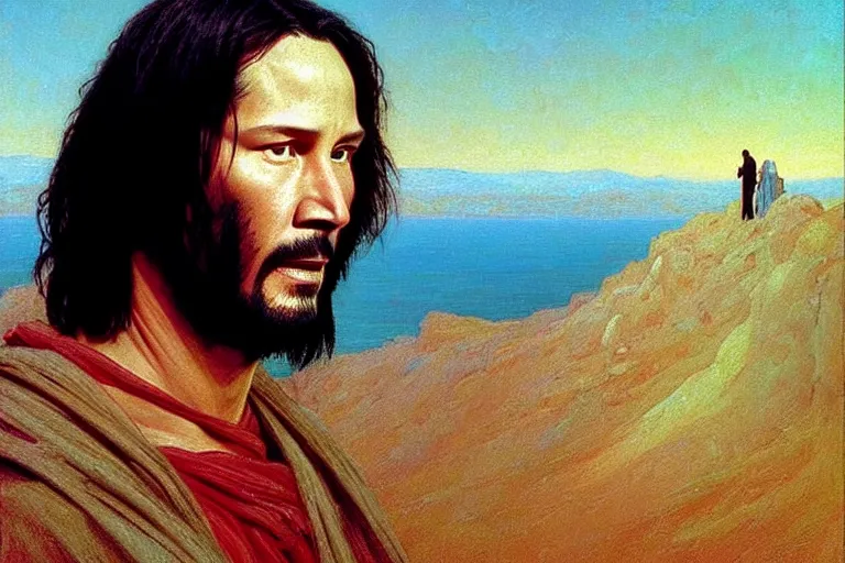 Prompt: keanu reeves as jesus christ in “ the last temptation of christ ” ( 1 9 8 8 ). oil painting in the style of edward hopper and ilya repin gaston bussiere, craig mullins, j. c. leyendecker. warm colors. detailed and hyperrealistic. concept art