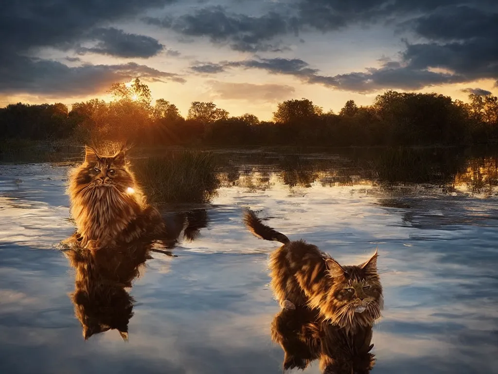 Image similar to amazing landscape photo of a maine coon bathing in a lake in sunset by marc adamus, beautiful dramatic lighting