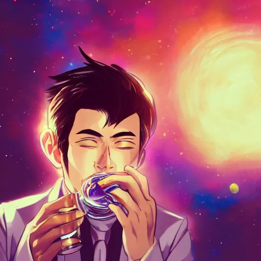 Image similar to A man drinking a cup of cosmic energy bright light by Masafumi Harada, 4k, digital art, surreal, anime style, space dandy style, highly detailed, godsend, artstation