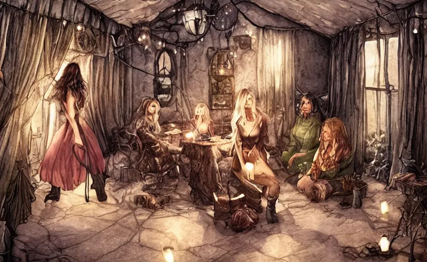 Image similar to women in the interior of a witches magical cottage, Milo Manara, night time, Margot Robbie, Scarlett Johanson, zoey Deschannel, smoking cigarettes, playing board games, highly detailed, pencil and watercolor, Tarantino movie posters, melancholy, level design, concept art, artstation, cgsociety, zenith view