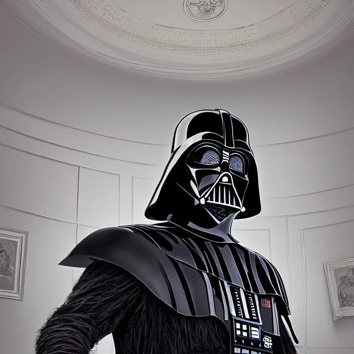 Prompt: portrait of darth vader in the oval office. intricate abstract. intricate artwork. by tooth wu, wlop, beeple, dan mumford. octane render, trending on artstation, greg rutkowski very coherent symmetrical artwork. cinematic, hyper realism, high detail, octane render, 8 k, iridescent accents