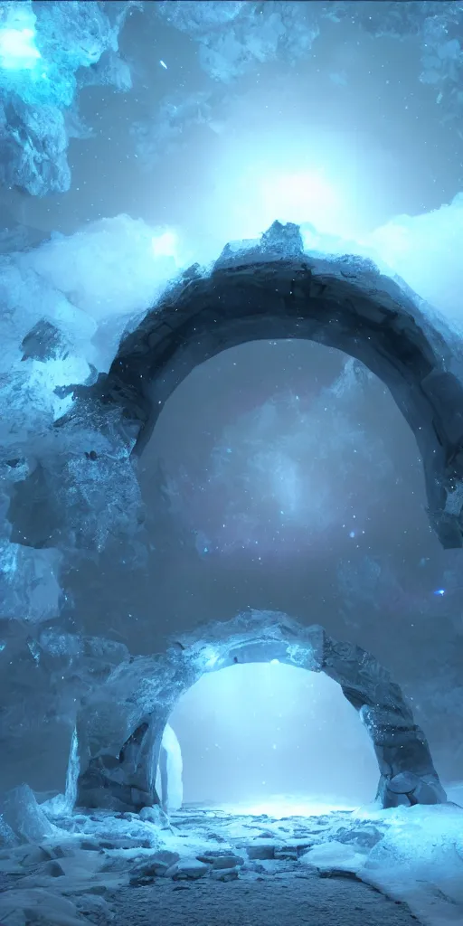 Image similar to interdimensional galaxy portal covered in frost, ice gate, volumetric light, volumetric fog, unreal engine, photorealistic, 8 k