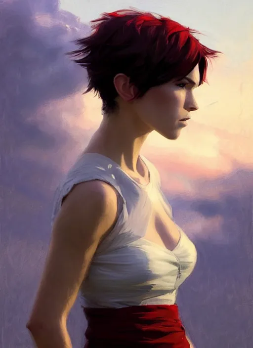 Image similar to portrait of Ruby rose of RWBY, countryside, calm, fantasy character portrait, dynamic pose, above view, sunny day, thunder clouds in the sky, artwork by Jeremy Lipkin and Giuseppe Dangelico Pino and Michael Garmash and Rob Rey, very coherent asymmetrical artwork, sharp edges, perfect face, simple form, 100mm