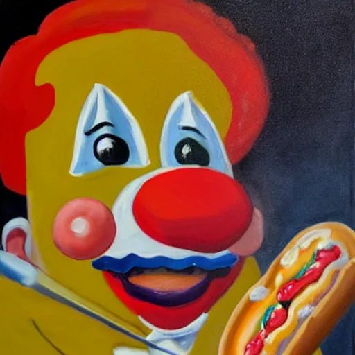 Prompt: a painting of a clown setting a hot dog on fire