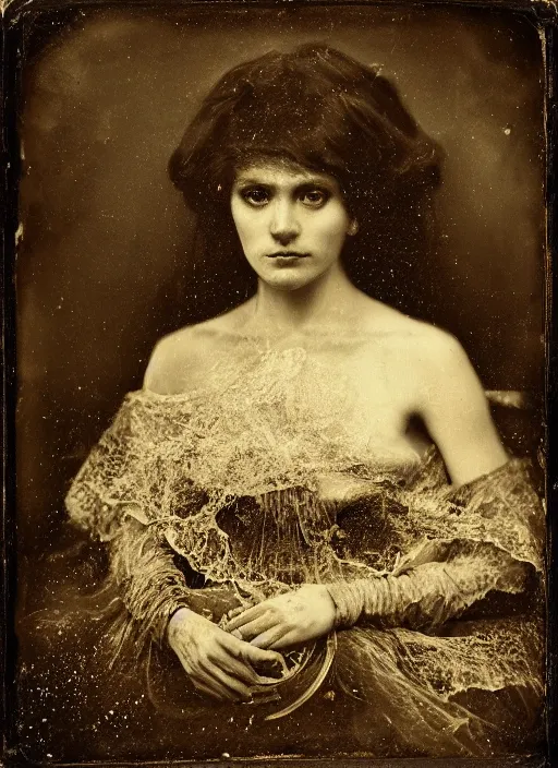 Image similar to old wetplate daguerreotype portrait of a lady with crackle skin, explosion of data fragments, fractal, intricate, elegant, highly detailed, parallax, leica, medium format, subsurface scattering, by jheronimus bosch and greg rutkowski and louis jacques mande daguerre