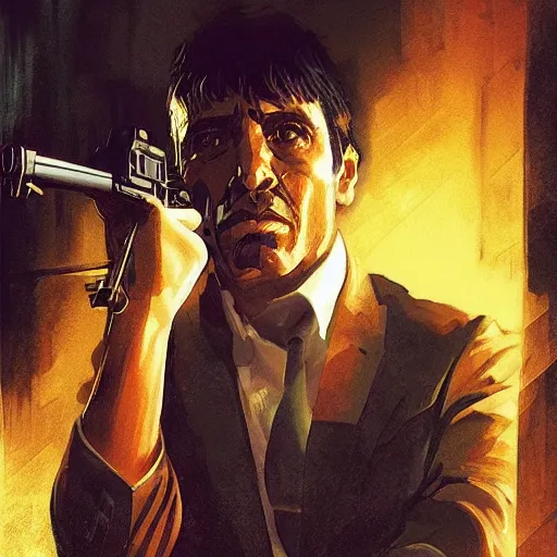 Prompt: scenes from the movie scarface as poster art, fierce, intricate, elegant, volumetric lighting, scenery, digital painting, highly detailed, artstation, sharp focus, illustration by, ruan jia, steve mccurry
