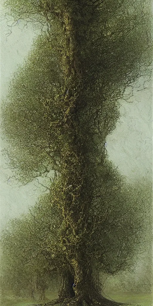 Image similar to artwork by john howe of a dibbess tree