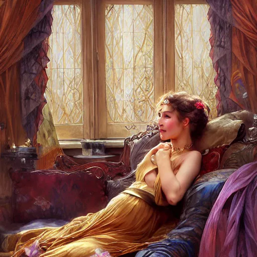 Image similar to a beautiful female is sitting on her living room couch. She is dressed casually and is watching TV, Regal, Realistic, Refined, Detailed Digital Art, Josephine wall, Oil Painting, William-Adolphe Bouguereau, Art Frahm, Esao Andrews, Steampunk, Walt Disney (1937), Highly Detailed, Cinematic Lighting, Unreal Engine, 8k, HD