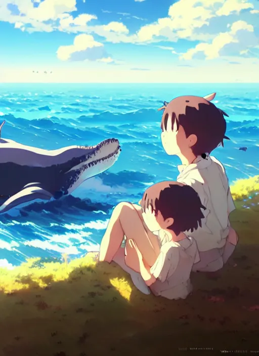 Prompt: boy and girl watching whales on sky, illustration concept art anime key visual trending pixiv fanbox by wlop and greg rutkowski and makoto shinkai and studio ghibli