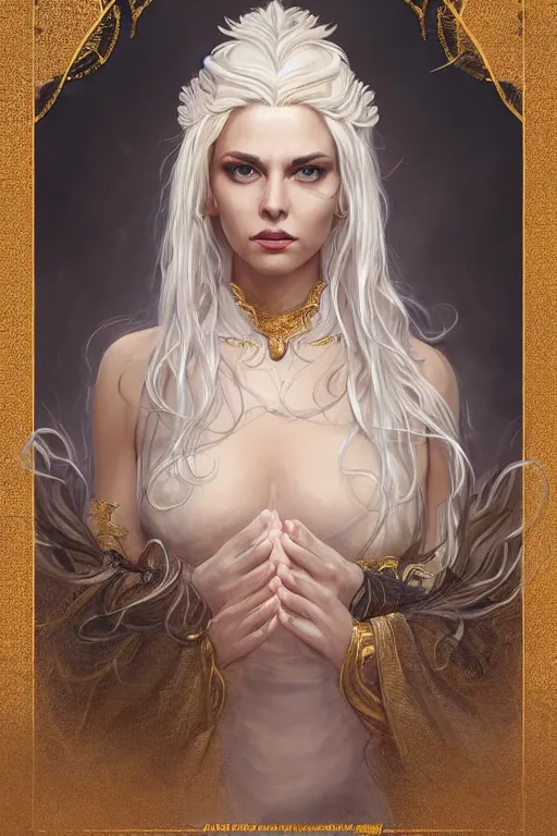 Image similar to fullbody!! of a beautiful woman with white hair, big natural horns on her head, long flowing intricate dress, gold jewellery, dnd, face, fantasy, intricate, elegant, highly detailed, digital painting, artstation, concept art, smooth, sharp focus, illustration, art by artgerm and greg rutkowski and alphonse mucha