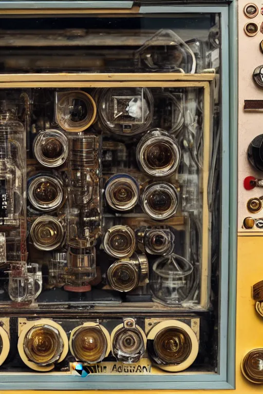 Image similar to a photo taken by someone who doesn't know how to use a camera, the most complex kodak camera ever made with vacuum tubes, capacitors and coils inside, through a dirty store window by Wes Anderson, grungy, weathered Ultra detailed, hyper realistic, 4k