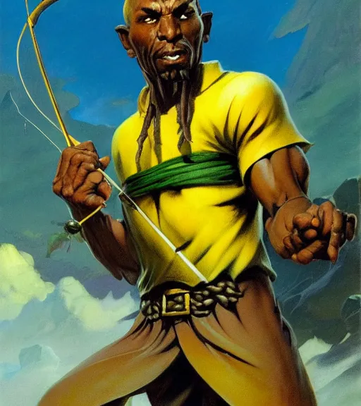 Image similar to magic : the gathering fantasy character concept art by frank frazetta and marco bucci, high resolution. a clear portrait of a 3 0 - year old athletic male jamaican, fisherman, wearing yellow green black calico clothing, magical fishing rod weapon, jamaican ocean flowing in the background, symmetry, fantasy coloring, intricate, 8 k, digital painting, artstation, smooth, sharp focus