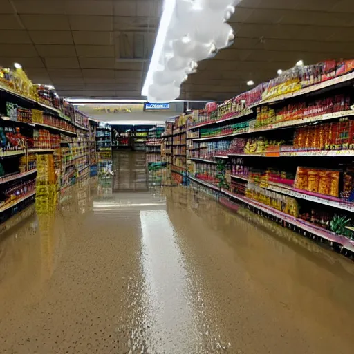 Image similar to photo of a grocery store interior, the floor is flooded with one meter deep water. eerie, volumetric lighting.