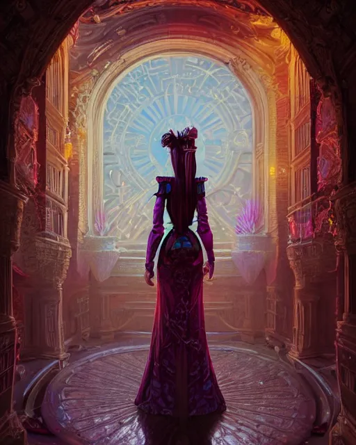 Image similar to highly detailed surreal vfx portrait of a female candypunk mage in a majestic castle by golden tree, stephen bliss, unreal engine, greg rutkowski, loish, rhads, beeple, makoto shinkai and lois van baarle, ilya kuvshinov, rossdraws, tom bagshaw, alphonse mucha, global illumination, detailed and intricate environment