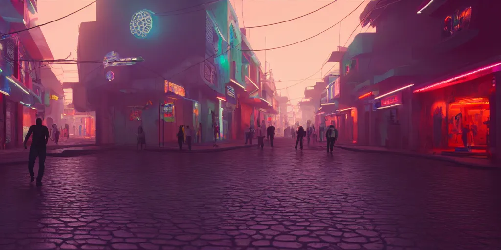 Image similar to a futuristic small mexican town cobbled street, blade runner 2 0 4 9 city architecture, mexican dia de muertos decorations, environmental lighting, stromy weather, ray tracing, people walking on street, amazing view, highly detailed, neon shops, octane render, unreal engine 5, 4 k