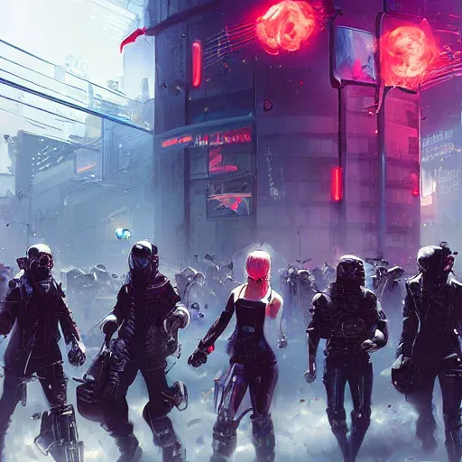 Image similar to angry cyberpunk rioters, detailed digital illustration by greg rutkowski, android netrunner