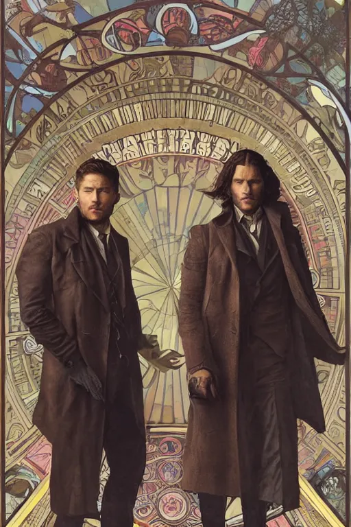 Image similar to a detailed matte portrait of jensen ackles and jared padalecki in a supernatural sherlock holmes story, masterpiece, 8 k, art by alphonse mucha and greg rutkowski