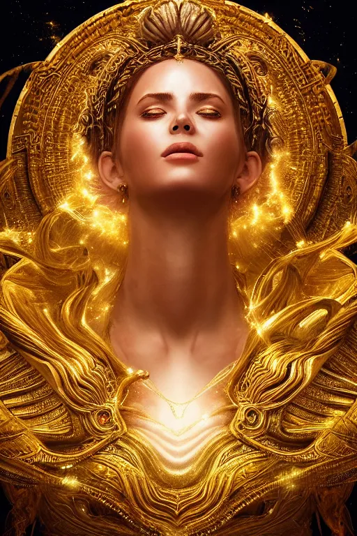 Image similar to Hyper realistic portrait of a goddess floating in the middle of ancient sky, gold fluid simulation around her, Cinematic lighting, ultra super good realistic photography, symmetry, very intricate details, insanely detailed, trending on artstation, 8k