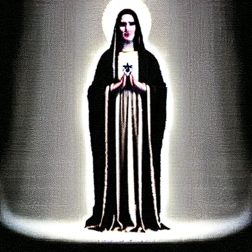 Image similar to vhs static overlay of marian apparition, vhs, 1 9 9 0, highly realistic, highly detailed, vhs noise static, black and white, vhs glitch