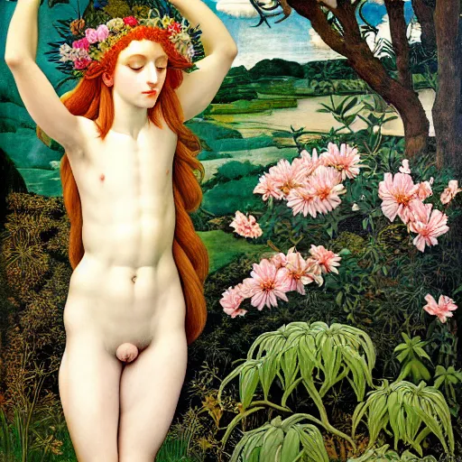 Image similar to the Deity of Summer, the entire body is composed out of roots, plants, flora and fauna, that take on a human form, in a style blending pre-raphaelite paintings, shojo manga, Japanese street fashion, Botticelli, and Magic realism, photorealistic 4k, masterpiece, very fine ink lines, sfumato, dramatic lighting