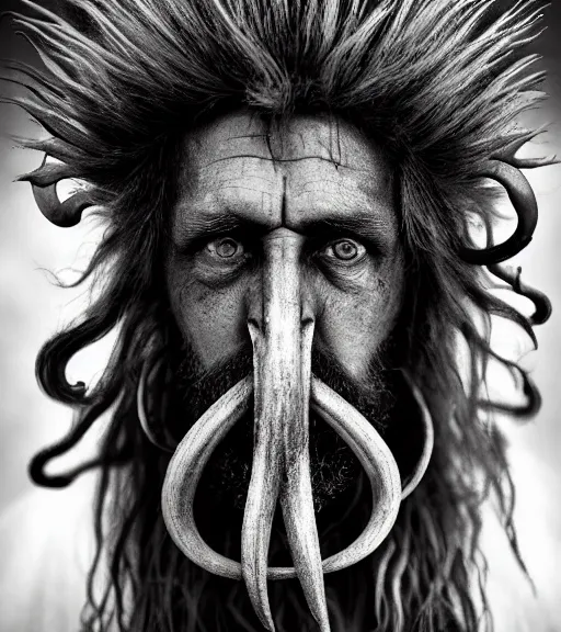 Prompt: Award winning Editorial photograph of Early-medieval Scandinavian Folk monsters with incredible hair and beautiful hyper-detailed eyes by Lee Jeffries, 85mm ND 4, perfect lighting, wearing traditional garb, With Huge Tusks and horns, gelatin silver process