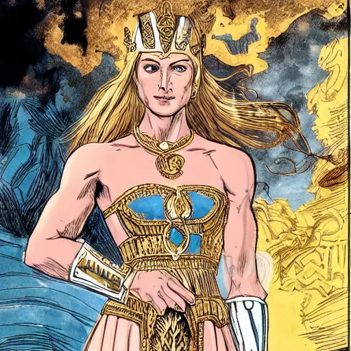 Image similar to Portrait of Queen Hippolyta of Themyscira, a tall, beautiful dignified woman with tanned skin, long blonde hair and blue eyes dressed in hellenistic Greek armour, background is the interior of temple, graphic novel, by Jim Mahfood,