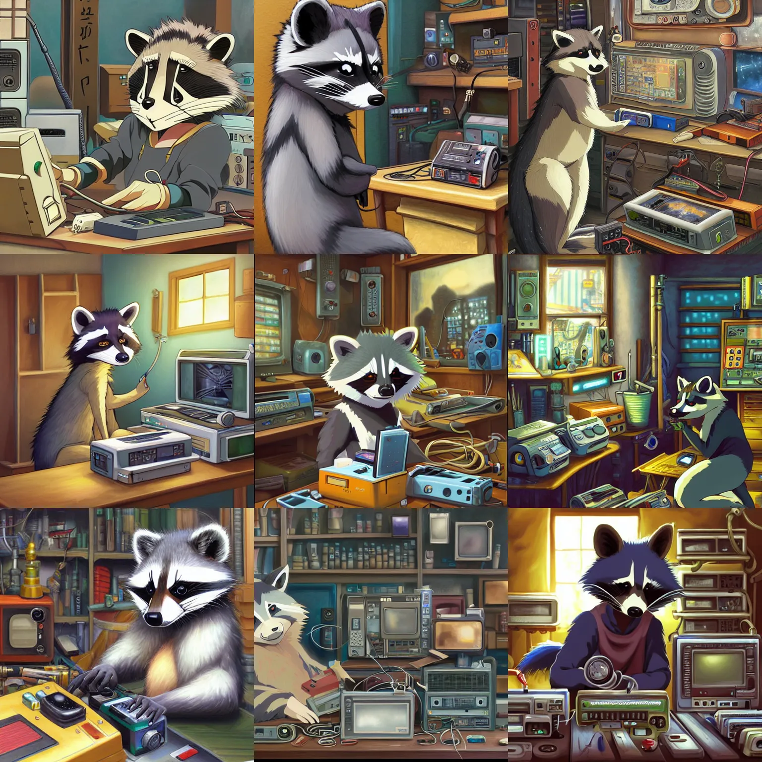 Prompt: FurAffinity art oil painting of an anime-style anthro raccoon in his workshop tinkering with retro electronics, Studio Ghibli, extremely detailed, realistic shading, trending on FurAffinity