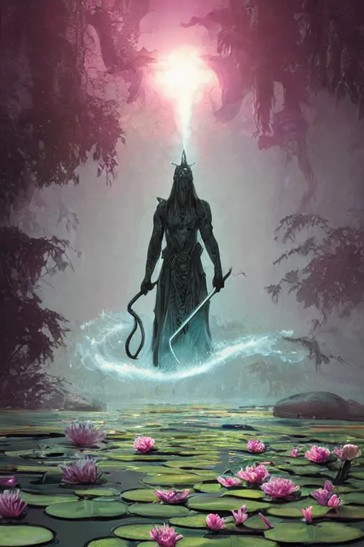 Image similar to king arthor pulling Excalibur out of the fairy lily pad pond with a weeping willow peonies, strong silhouette, Minimal Movie Posters, fantasy magic, art masterpiece by Greg Rutkowski, Gaston Bussiere, craig mullins, #wip #illustration #illustradraw #illustrator #vector #colors #colorschemes