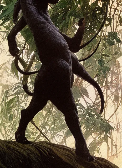 Image similar to animal concept of a black panther melanistic deep black leopard walking on a lush intricate tree, accurately portrayed, portrait art by alphonse mucha and greg rutkowski, highly detailed, digital painting, concept art, illustration, dim lighting with twilight rays of sunlight, trending on artstation, very detailed, smooth, sharp focus, octane render, close up