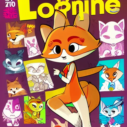 Image similar to 7 0's comic magazine cover of a female furry mini cute style, maple story and zootopia, maple story gun girl, fox from league of legends chibi, soft shade, soft lighting