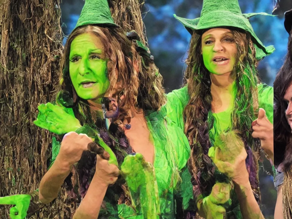 Prompt: Elphaba just won immunity on Survivor, but she cheated with her magic and everybody knows it, 8k resolution, ultra realistic